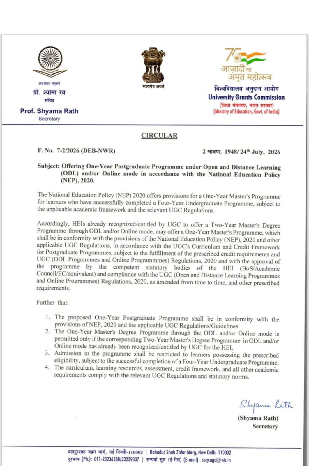 UGC One Year Post Graduation Programme